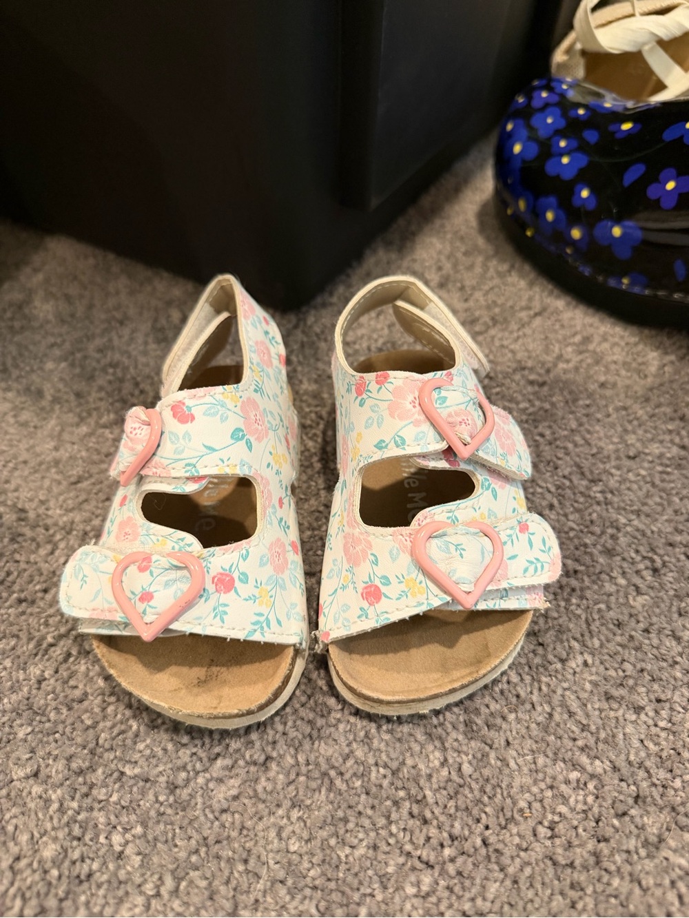 Little Me Girls Floral Sandals with Pink Heart Buckles
